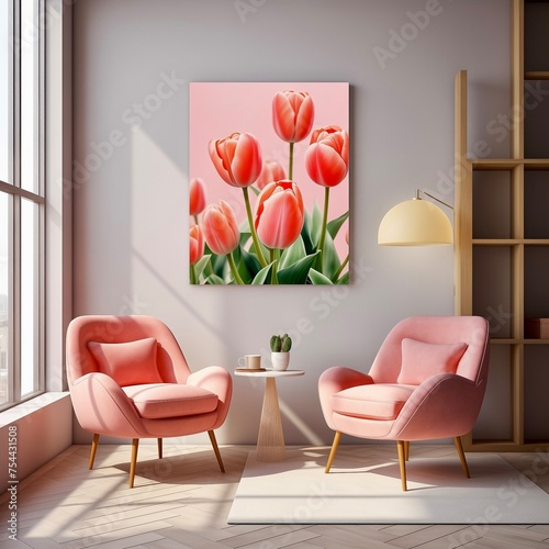 Stunning pink tulips photograph adorning wall in modern living room with peach armchairs #754431508