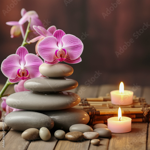 Tranquil spa setting with stones  candles  and orchid flowers