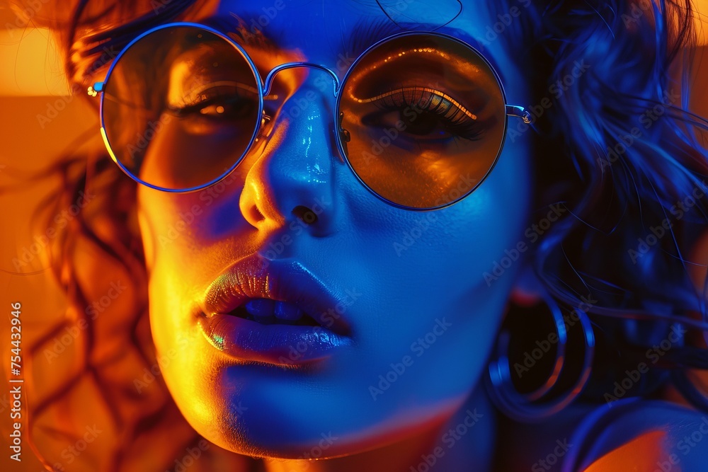 A close up portrait of a woman, in a studio with red and blue lights, warm and cold, cinematic professional photography of a beautiful girl face, wearing round circle sunglasses glasses, AI Generated