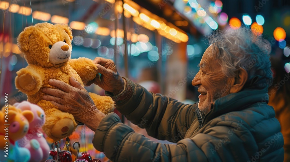 An elderly man exhibits pride and happiness while holding a large teddy bear won at a carnival game, surrounded by festive lights.
 - obrazy, fototapety, plakaty 
