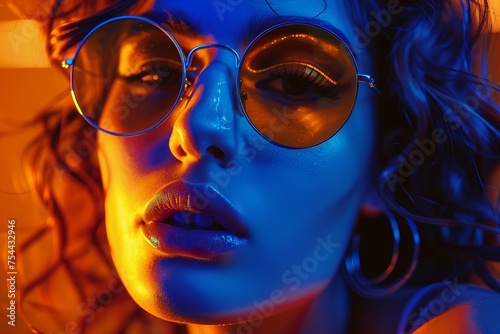 A close up portrait of a woman, in a studio with red and blue lights, warm and cold, cinematic professional photography of a beautiful girl face, wearing round circle sunglasses glasses, AI Generated