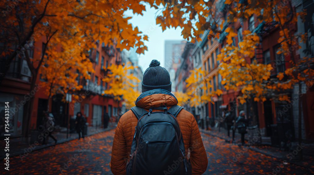 back view of a man wearing a black backpack and a hat, walking down a street in autumn. The leaves on the trees are yellow, warm and cozy atmosphere