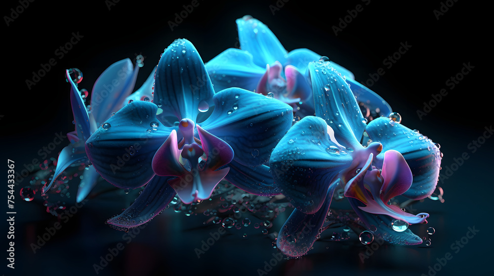 8k sharp, fractal, self similarity highly detailed 3d high definition 8k neon pale cerulean psychedelic detailed Orchids fairy - obrazy, fototapety, plakaty 