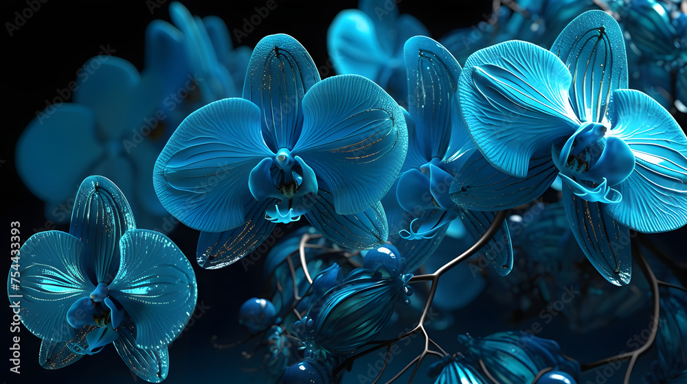 8k sharp, fractal, self similarity highly detailed 3d high definition 8k neon pale cerulean psychedelic detailed Orchids fairy - obrazy, fototapety, plakaty 
