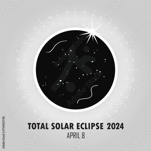Abstract total solar eclipse poster - Black moon completely blocking the face of the sun with white halo corona and the outer atmosphere rays on gray gradient background