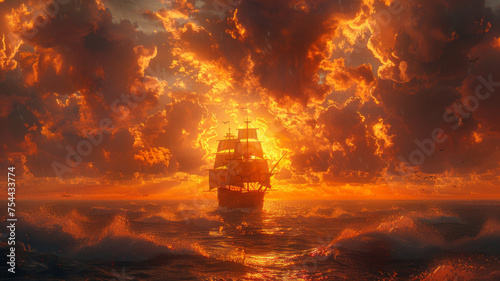 a pirate ship sailing in the middle of the sea strom with a beautiful sunset view,generatrive ai