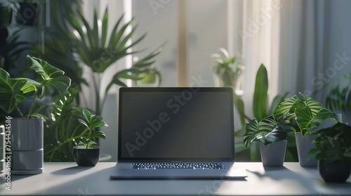 modern laptop on a clean desk with plants © Ateeq