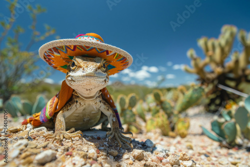 Whimsical Lizard Sporting a Colorful Sombrero in the Desert. A Playful Twist on Wildlife Photography with Vibrant Cultural Elements © Mirador