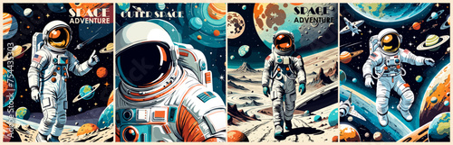 Astronaut in space retro Posters, backgrounds, covers vector set. Space and the universe concept. Cosmonaut in spacesuit flying in galaxy with stars and planets vintage style illustrations. photo