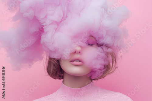 Cara de mujer joven rodeada de humo rosa, sobre fondo rosa . Concepto de niebla mental, salud mental