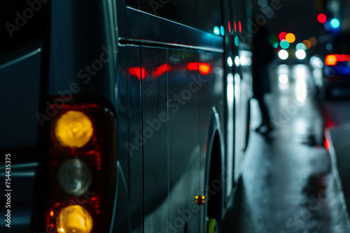 Close-up view of a city bus at night with vibrant street lights reflecting on its surface