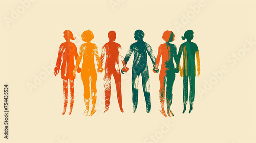 A stylized illustration of people holding hands in gradient colors.