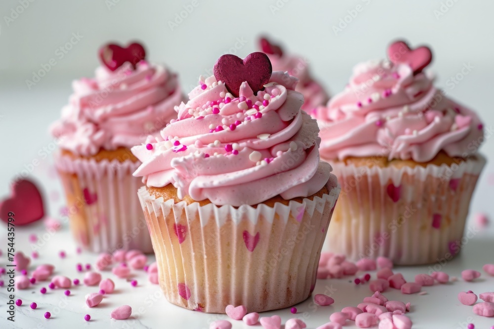 cupcakes with pink frosting, pink cream, a red heart, pink sprinkles on top, a white background, Valentine's Day cake, valentines, birthday, birthday cake, and muffin. pink cake