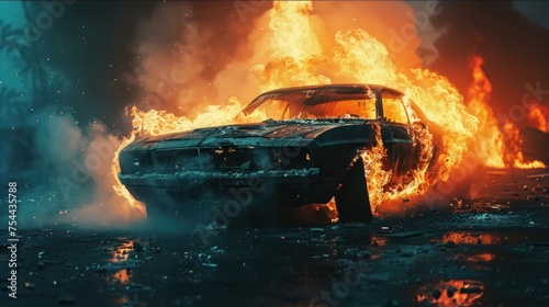 Burning car inspired epic youtube ambient music video thumbnail photo