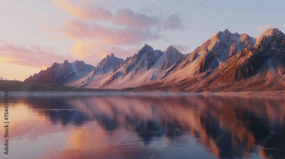 Majestic Mountain Peaks Reflecting in a Serene Lake at Sunset