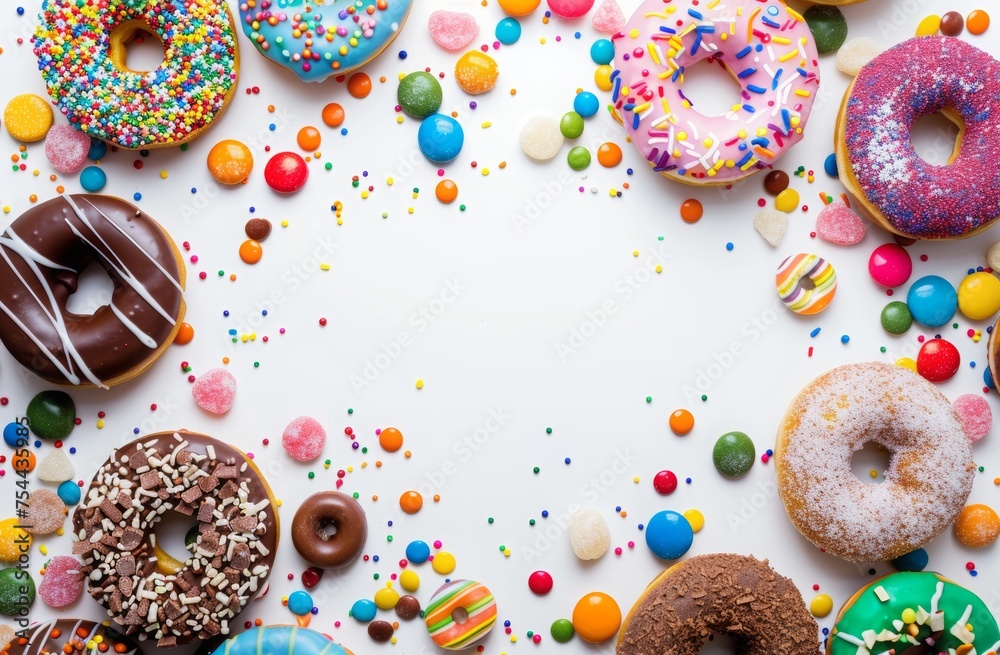 Colorful sweet donuts and candies on a white background with copy space for design. Close up pink donuts with colorful sprinkles on a yellow background in a flat lay top view copy space Colorful sweet donuts and candies on a white background with copy space for design. Close up pink donuts with colorful sprinkles on a yellow background in a flat lay top view copy space