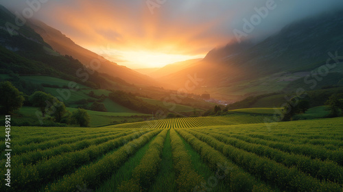 Sunrise Over Lush Green Fields with Rolling Hills and Mist