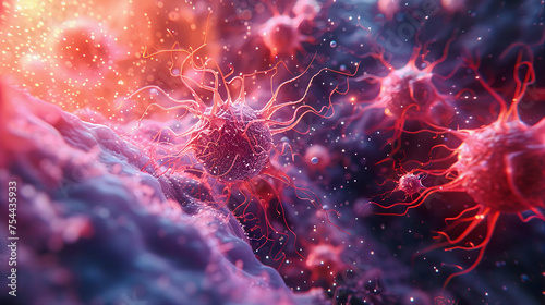 Virus floating in cellular environment, background, viral disease epidemic, 3D rendering of virus, illustration. Generative AI photo