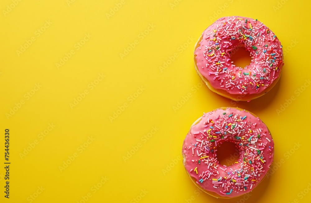 Colorful sweet donuts and candies on a white background with copy space for design. Close up pink donuts with colorful sprinkles on a yellow background in a flat lay top view copy space Colorful sweet donuts and candies on a white background with copy space for design. Close up pink donuts with colorful sprinkles on a yellow background in a flat lay top view copy space