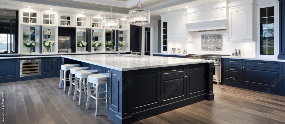 The image shows a large kitchen with dark blue cabinets, a center island, and a wooden floor. The space is elegantly designed and offers ample room for cooking and entertaining. The image shows a large kitchen with dark blue cabinets, a center island, and a wooden floor. The space is elegantly designed and offers ample room for cooking and entertaining.