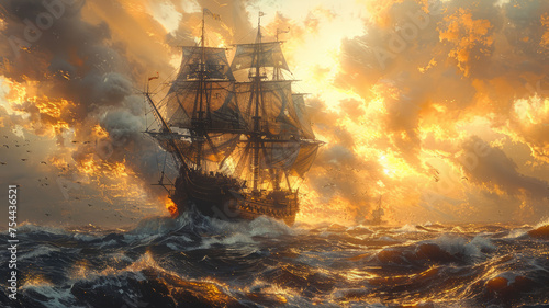Pirate ship in a ferocious sea battle,generative ai