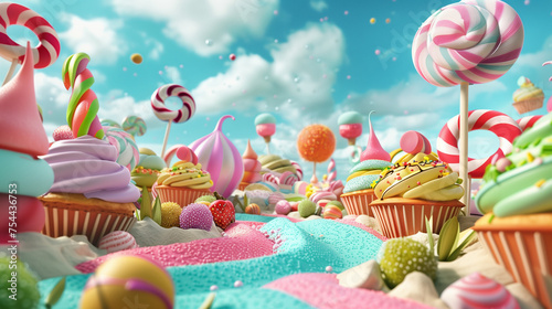 
A whimsical 3D candy land with cupcakes and lollipops under a bright sky.