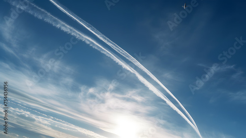 A jet plane flying overhead diagonally with condensation trail.
