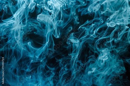 An image of bluish white smoke on a black background. Cold steam in the dark. Suitable for background and backdrop, AI Generated
