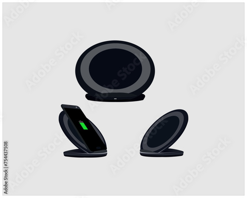 Wireless battery charger and smartphone or tablet - Vector illustration. Wireless charger infographics. Wireless charging technology concept on white background.
