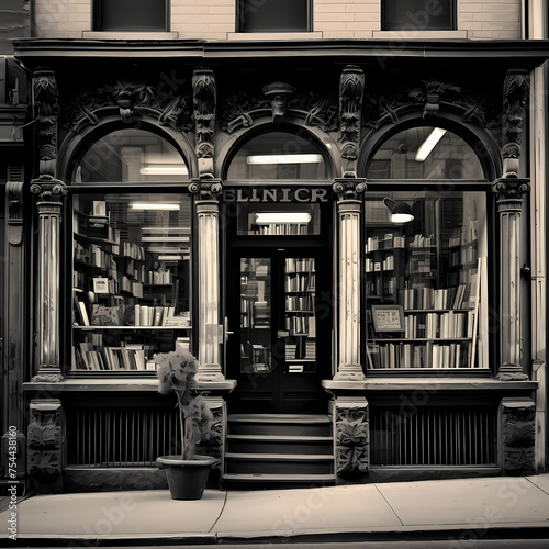 A black and white photo of an old bookstore.
