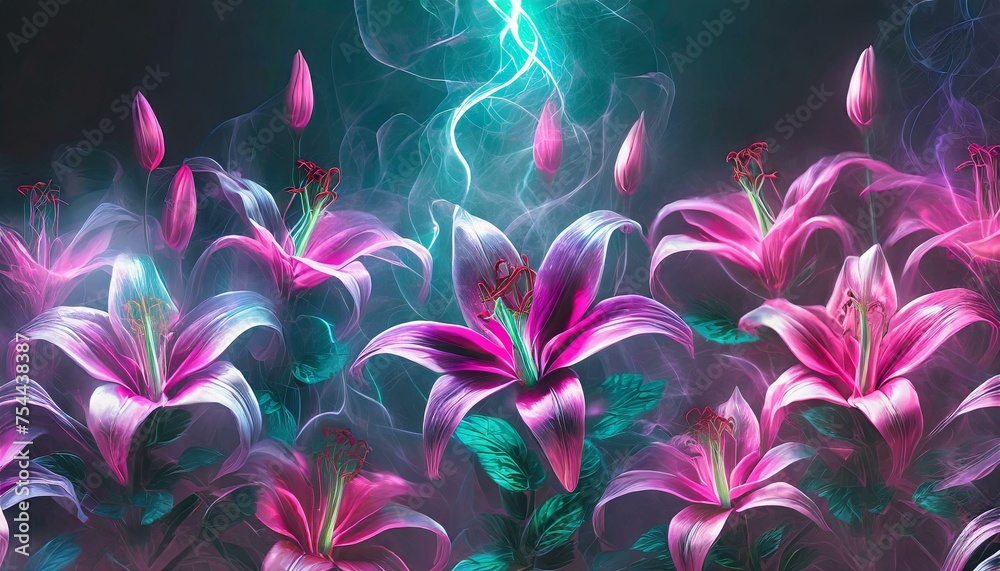 Kwiaty lilii w neonowych, opalizujących kolorach spowity mgłą na czarnym tle
 - obrazy, fototapety, plakaty 