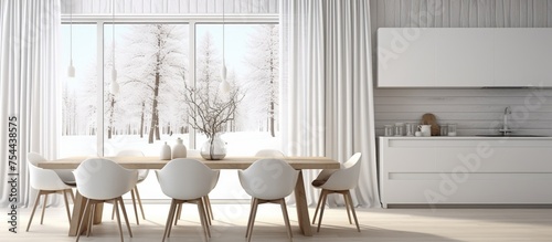 A minimalist dining room featuring a wooden table surrounded by sleek white chairs. The room is adorned with minimal decor, with a large window showcasing a white landscape. © Vusal