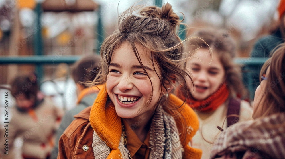 Playing with children in a playground, her laughter blending with theirs as they share moments of pure joy, happy woman Playing with children in a playground, her laughter blending with theirs as they share moments of pure joy, happy woman