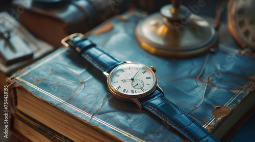 wristwatch resting on a old book