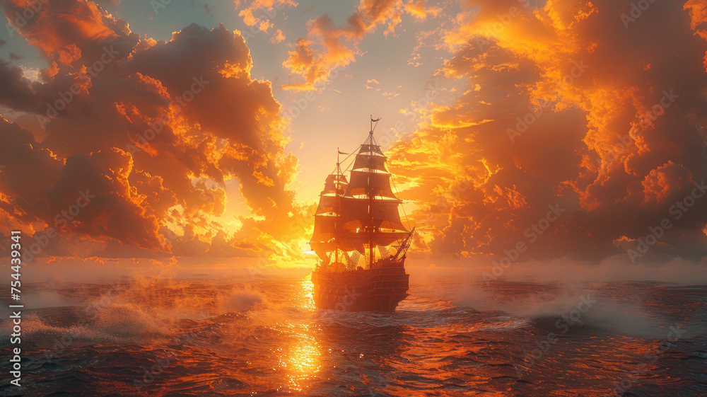 a pirate ship sailing in the middle of the sea strom with a beautiful sunset view,generatrive ai