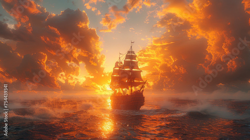 a pirate ship sailing in the middle of the sea strom with a beautiful sunset view,generatrive ai