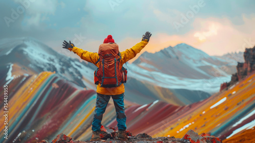 a man tourist is standing with both hands raised After successfully conquering the peak , on top of a mountain,Vinicunca Rainbow Mountain,generative ai photo