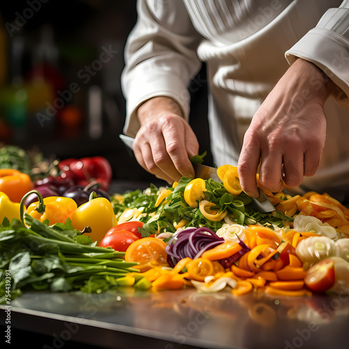 A close-up of a chef chopping vegetables.