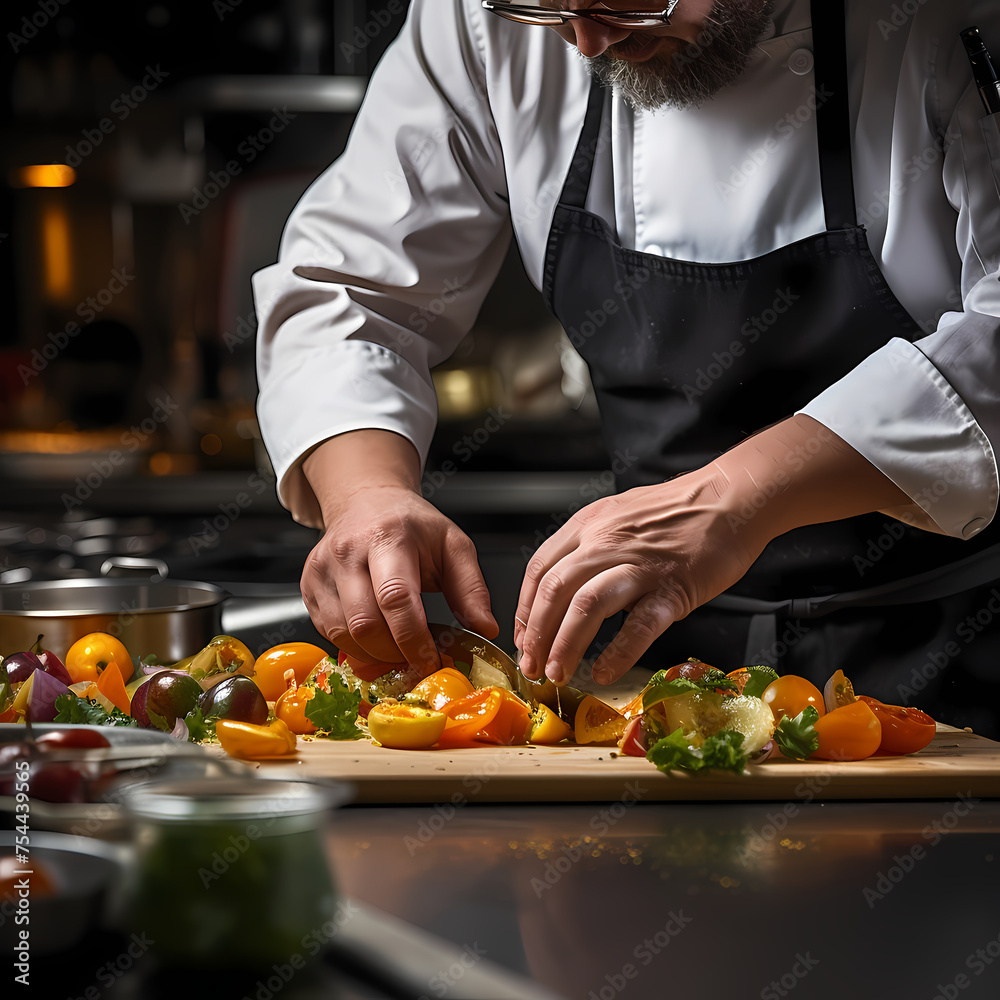 A close-up of a chefs hands preparing a dish.