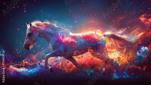 A captivating abstract painting featuring a horse in full stride against a vivid and compelling backdrop.