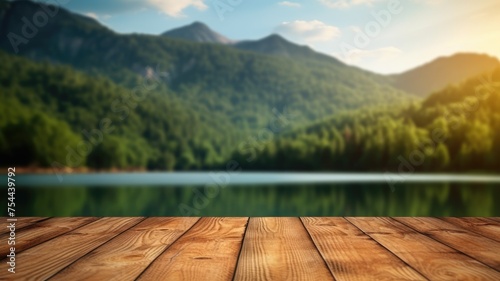 The empty wooden table top with blur background of summer lakes mountain. Exuberant image. generative AI