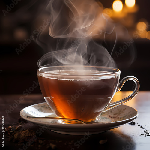 A close-up of a steaming cup of tea. 