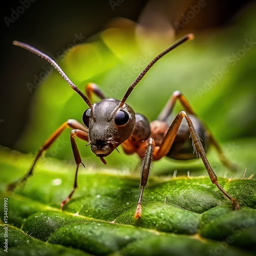 Macro shot of a black ant on a green leaf, showcasing intricate details and isolated against a white background in nature © Nopadol