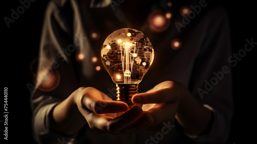 a person holding a light bulb with icons of technology