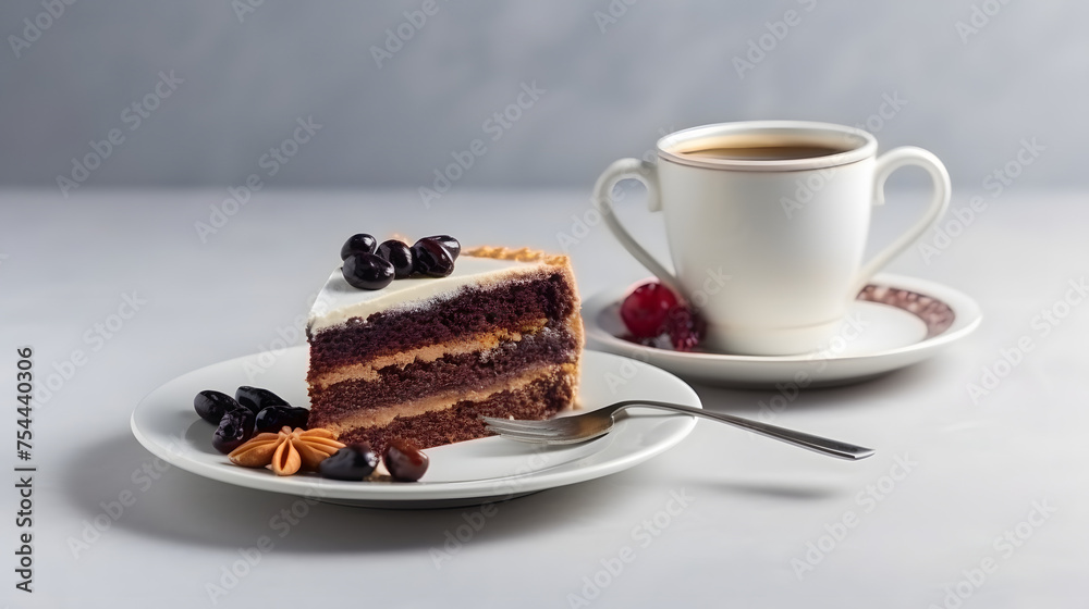 a piece of cake with a mug of tea on a white background a piece of cake with a mug of tea on a white background