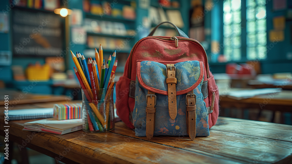 School backpack and different colored school equipment on the table in a classroom - obrazy, fototapety, plakaty 