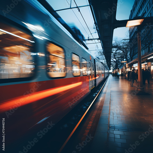 A commuter train in motion with blurred lights.