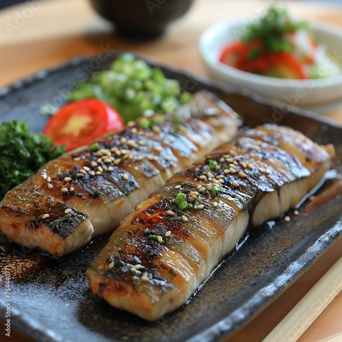 Japan dish mackerel fish with lemon, Scomber roast, Mackerel roast, blue mackerel roast, Japanese mackerel roast ai technology photo