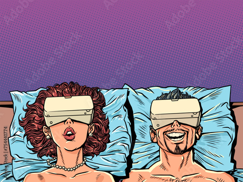 A man and a woman are lying in bed with VR devices. Alternative virtual reality and interaction with it. New technological objects as a problem of modern society.