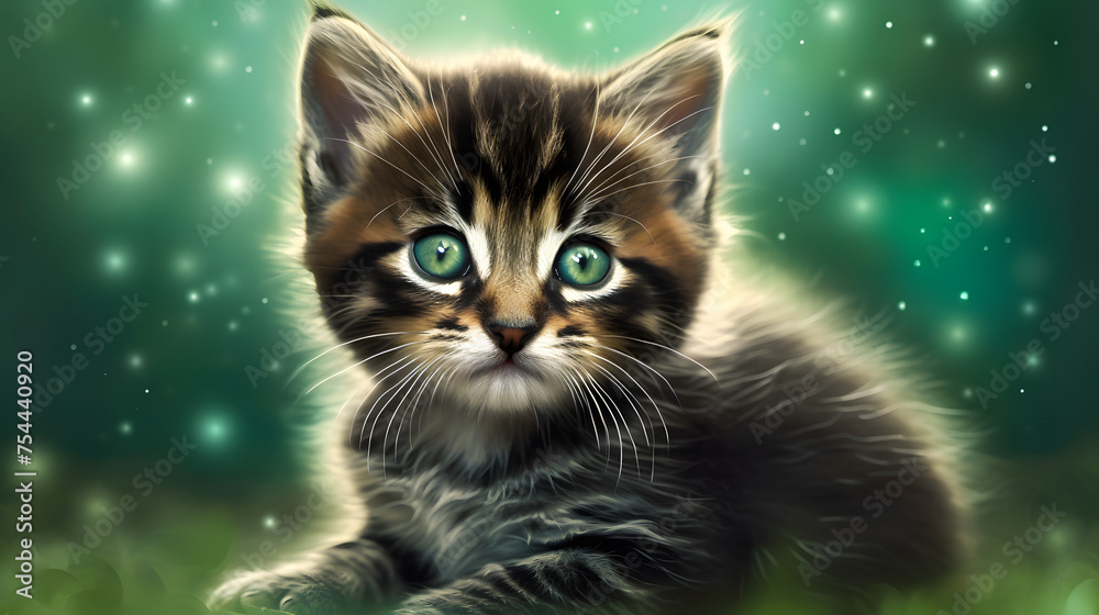 Obraz premium a realistic cute kitten with a sparkly green background